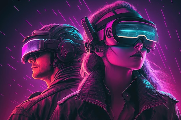 Girl Boy Wearing VR Headset Ilustracje w 4k Cyberpunk World of Vibrant Colors and Retro