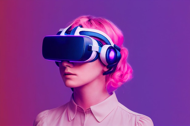 Girl gamer z zestawem słuchawkowym Virtual Reality VR na głowie w stylu cyberpunk gra komputerowa nowa rozrywka