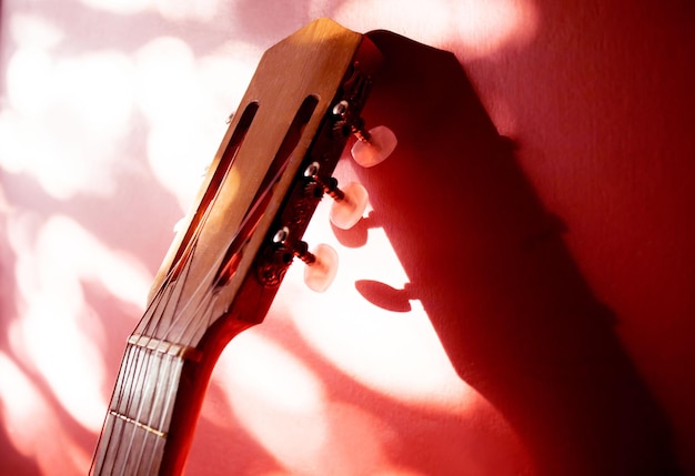 Zdjęcie gitara akustyczna opierająca się o czerwoną ścianę z światłem słonecznym filtrowanym przez liście