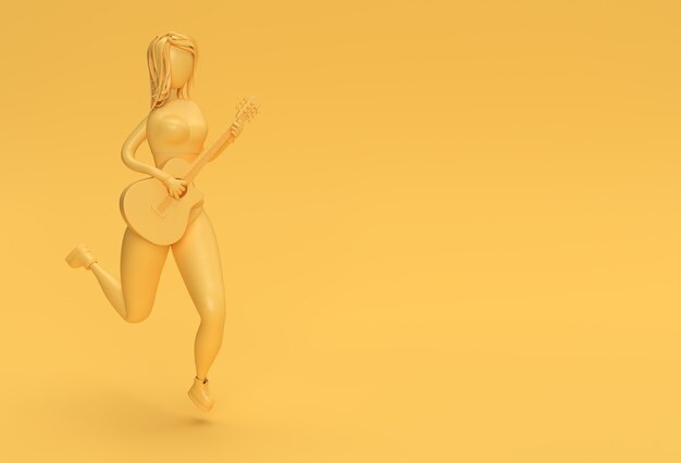 Gitara Akustyczna Renderowania 3d Z Postaciami Z Kreskówek Kobieta 3d Ilustracja Projekt.