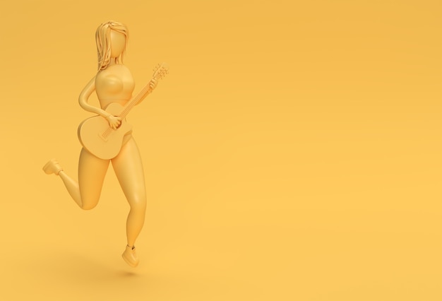 Gitara akustyczna renderowania 3D z postaciami z kreskówek kobieta 3d ilustracja projekt.