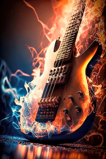 Gitara basowa elektro w ogniu i świecąca w płomieniach Koncepcja muzyki heavy metalowej i rock n roll AI generatywna