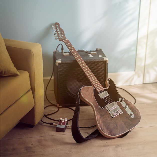 Gitara elektryczna i wzmacniacz stojące na podłodze w salonie w słońcu z okna