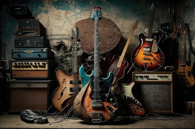 Gitara elektryczna otoczona kolekcją starych gitar stworzonych za pomocą generatywnej ai