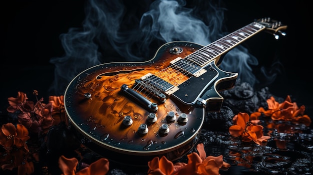 gitara elektryczna z dymem na czarnym tle