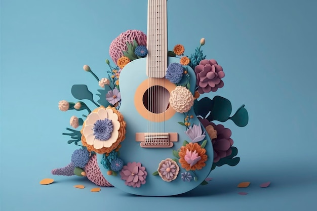 Gitara instrument akustyczny z kwiatami koncepcja pasji muzycznej pastelowe kolory