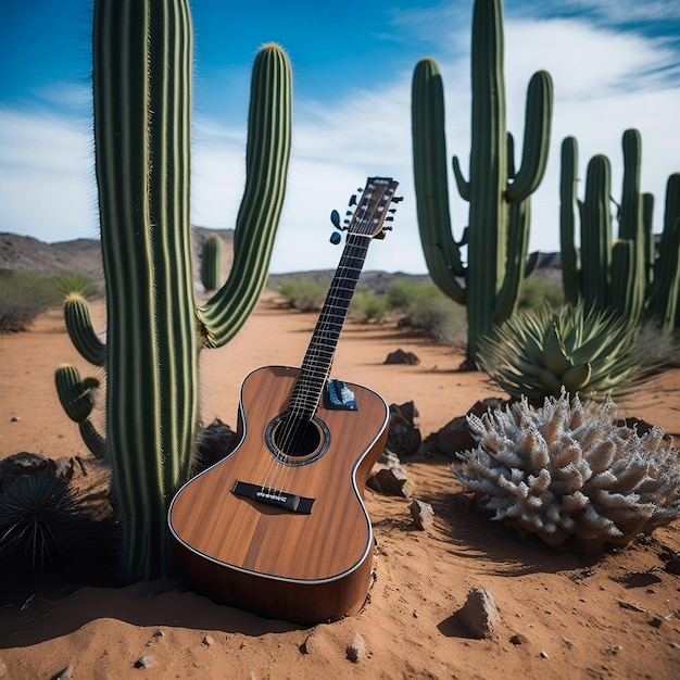 Gitara leży na ziemi obok kaktusa