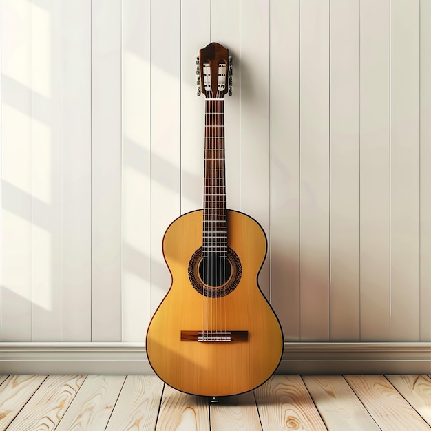 gitara siedzi na drewnianej podłodze przed białą ścianą