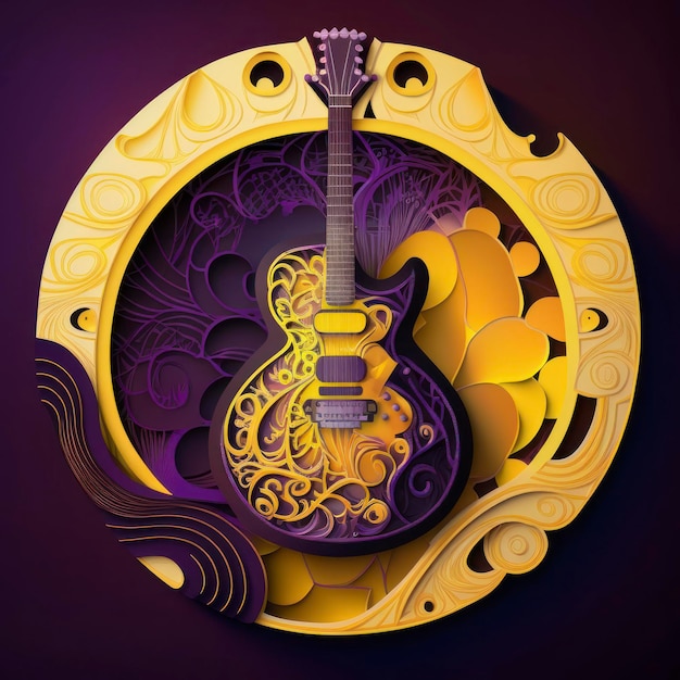 Gitara w kolorowych wzorach w stylu ciemno fioletowego i jasnożółtego