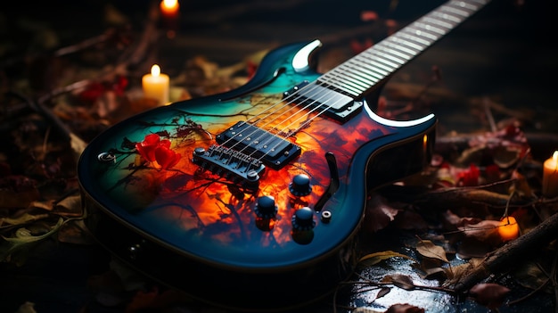 Zdjęcie gitara z czarno-niebieską farbą leży na ziemi wśród gałęzi drzewa