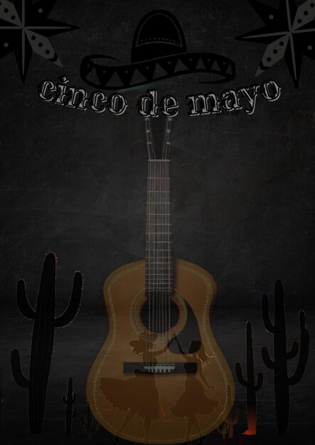 Gitarka meksykańska z sombrero na czarnym dla meksykańskiego święta 5 maja Cinco De Mayo ai generowany