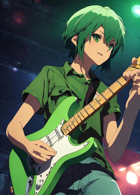 Zdjęcie gitarzysta kolorowy stratocaster nastolatek scena tło komórka zacieniony styl anime