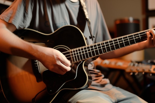 Gitarzysta w zwykłym ubraniu ćwiczy za kulisami spokojną koncentrację