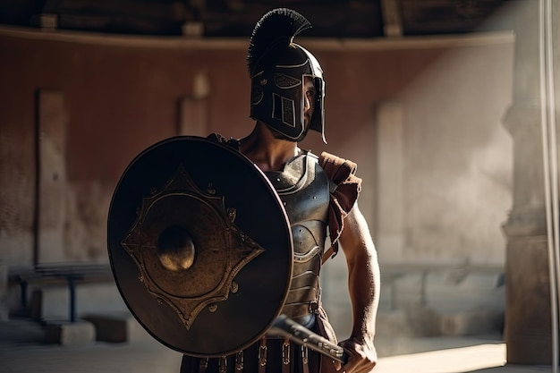 Gladiator Przygotowuje Się Do Walki Z Mieczem I Tarczą W Dłoni