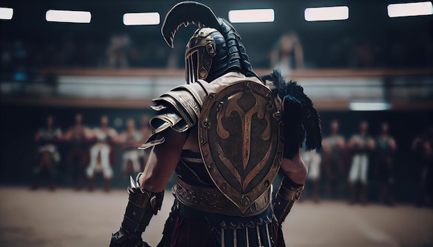 Gladiator wkracza na arenę wojownika w realistycznej zbroi generowanej przez sztuczną inteligencję