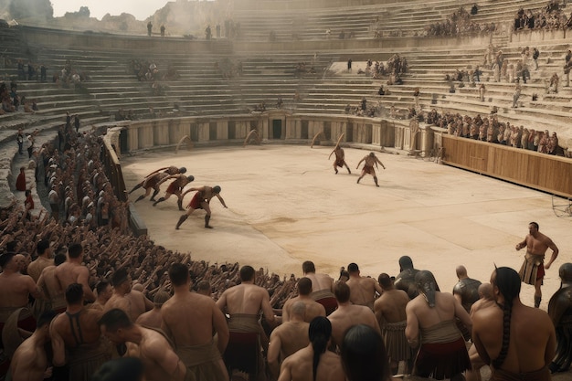 Gladiatorzy walczący w starożytnym Koloseum w otoczeniu wiwatujących widzów