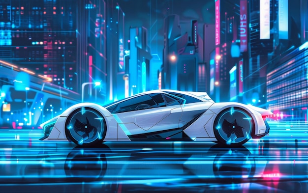 Zdjęcie gładki, futurystyczny samochód błyszczy pod neonowymi światłami w tętniącym życiem cyberpunkowym krajobrazie miejskim odzwierciedlającym high-tech i zaawansowany projekt miejski.