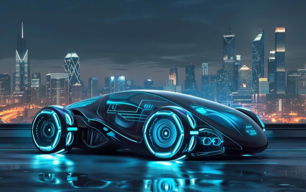 Gładki, futurystyczny samochód błyszczy pod neonowymi światłami w tętniącym życiem cyberpunkowym krajobrazie miejskim odzwierciedlającym high-tech i zaawansowany projekt miejski.