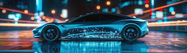 Gładki niebieski samochód elektryczny wyświetlany jako futurystyczny hologram z dynamicznym oświetleniem