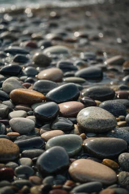 Gładkie kamienie mokre błyszczące niskie szare przybrzeżne światło skały rzeczne kamienie zbliżenie fotografii.