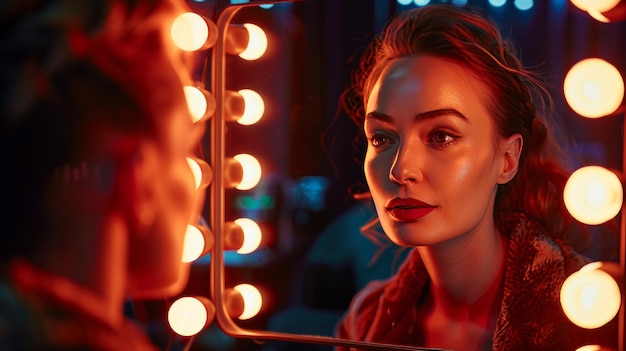 Glamorna aktorka ćwicząca linie odzwierciedlone w lustrze w szatni
