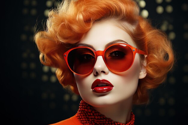 Zdjęcie glamorna, inspirowana vintage, rudy z okularami przeciwsłonecznymi.