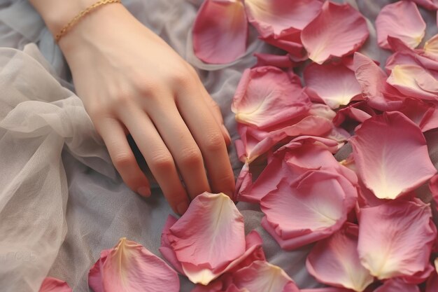 Zdjęcie glamourowy szary lakier do paznokci manicure ręka dotykająca letnich płatków kwiatów do reklamy kosmetycznej