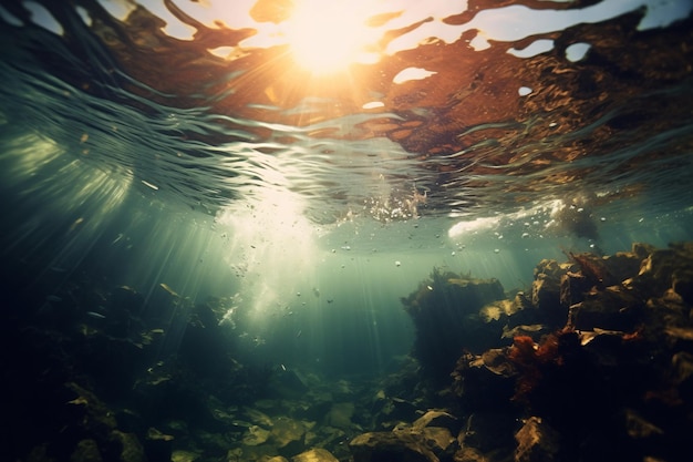 głęboka podwodna scena z promieniami lekkiego oceanu pod powierzchnią w krystalicznie czystej wodzie