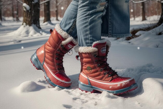 Zdjęcie głębokie buty śnieżne na gęstym śniegu w zimnej zimie piękne buty do ogrzewania
