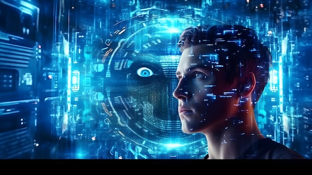 Głębokie uczenie maszynowe AI Man sztuczna inteligencja Koncepcja technologii cyfrowej na wirtualnym ekranie generatywnym Ai