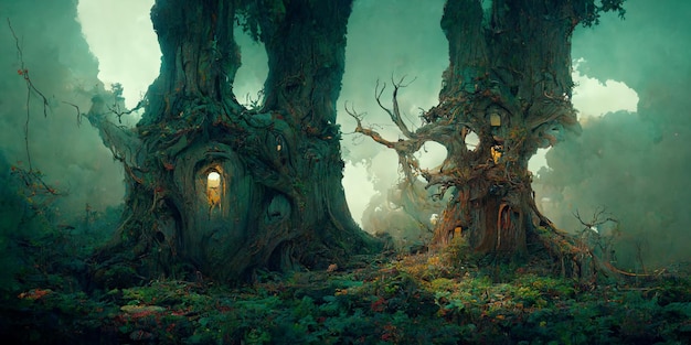 Głęboko w odległym, ukrytym, tajemniczym lesie, w starym dębie znajduje się czarujące bajkowe drzewo