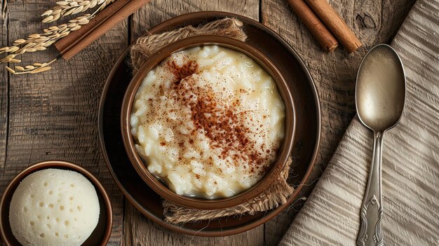 Zdjęcie gliniany garnek z puddingiem ryżowym obok łyżki i serwetki na brązowym drewnianym stole