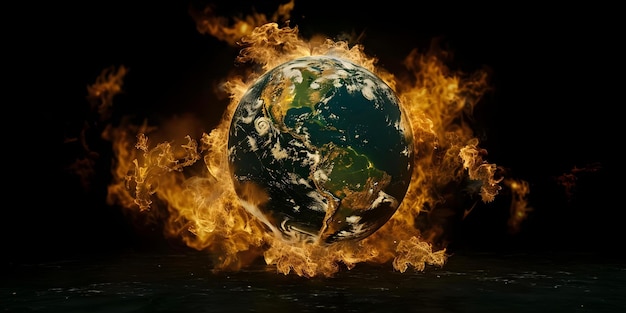 Glob pochłonięty płomieniami symbolizujący zmianę klimatu i niszczenie środowiska Koncepcja Zmiana klimatu Zniszczenie środowiska Globalne ocieplenie Katastrofy naturalne Działania konserwacyjne