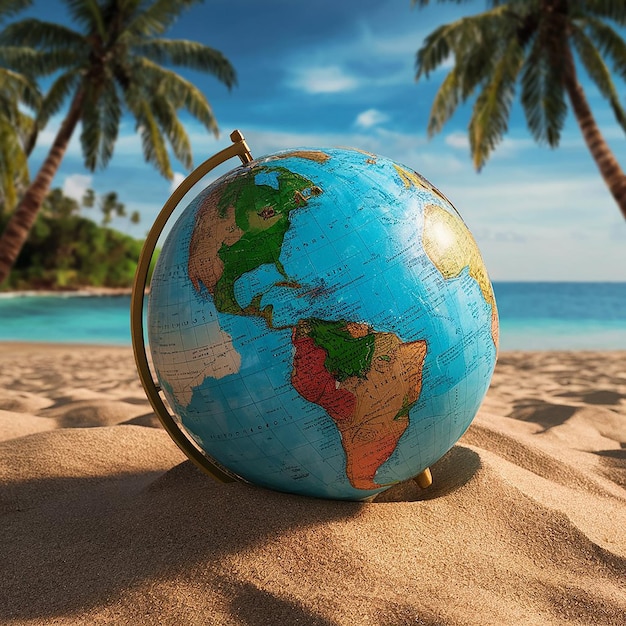 Zdjęcie glob siedzący w piasku z drzewami palmowymi na tle