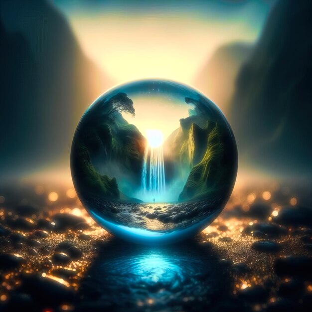 Zdjęcie glob z wodospadem na tle i słowem wodospad na dole