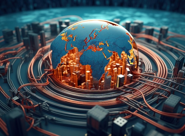 Zdjęcie glob ziemski i kable łączące na płytce obwodowej generatywna sztuczna inteligencja