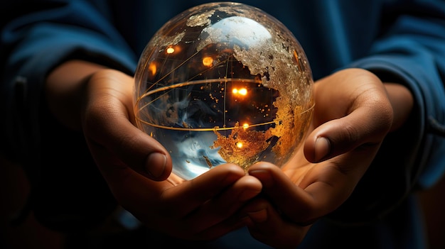 Global Grasp A Handheld Crystal Globehand trzymająca szklaną kulę ręka trzymająca piłkę