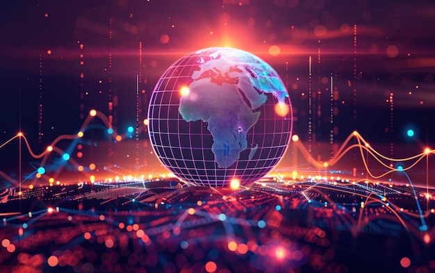 Global Network Pulse, świecący cyfrowy glob z Afryką w centrum, na tle d