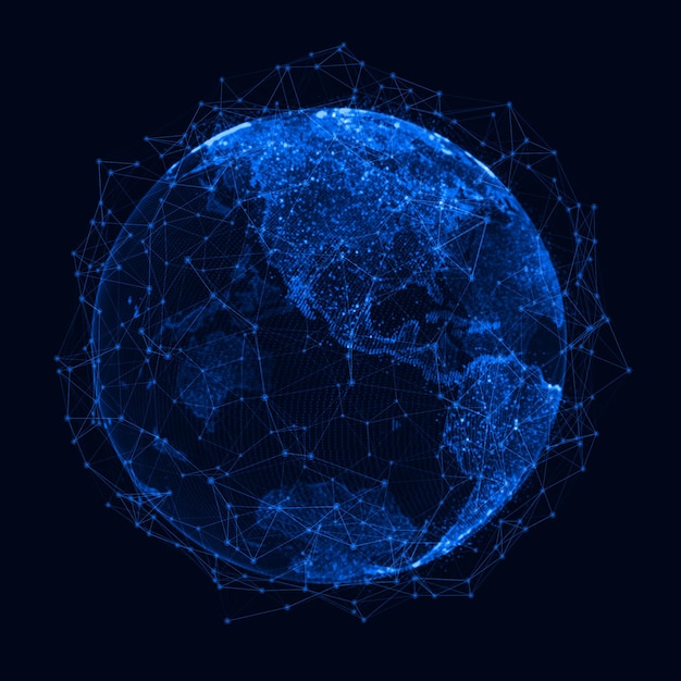 Globalna koncepcja sieci Punkt mapy świata Globalna planeta sieciowa Ziemia Renderowanie 3D