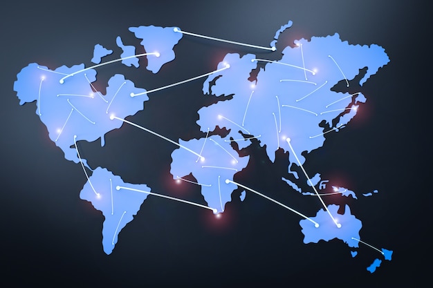 Globalna koncepcja sieci z renderowaną mapą świata 3d z liniami połączeń