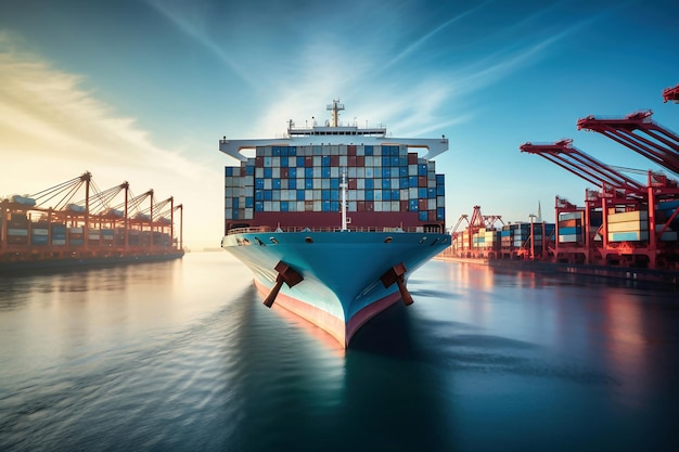 Globalna logistyka biznesowa importeksport ładunków Statek towarowy z kontenerami morskimi na pokładzie w porcie Transport towarów przez ocean Potężny statek towarowy wpływa do portu w celu rozładunku