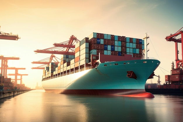 Globalna logistyka biznesowa importeksport ładunków Statek towarowy z kontenerami morskimi na pokładzie w porcie Transport towarów przez ocean Potężny statek towarowy wpływa do portu w celu rozładunku