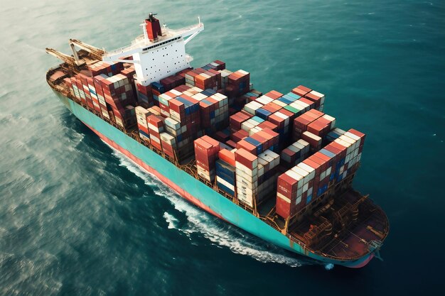 Zdjęcie globalna logistyka biznesowa ładunków import-eksport statek towarowy z kontenerami morskimi na pokładzie w porcie transport towarów przez ocean statek z kontenerami na oceanie