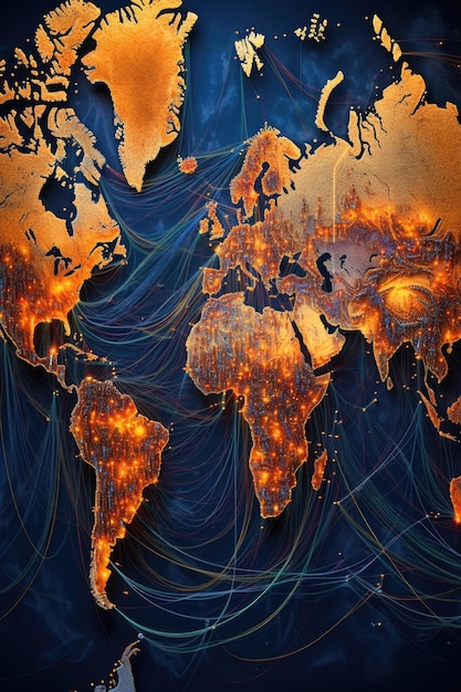 Globalna mapa przedstawiająca połączone ze sobą szlaki żeglugowe, utworzona za pomocą generatywnej sztucznej inteligencji