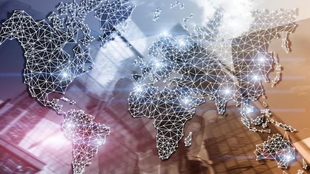 Zdjęcie globalna mapa świata double exposure network telekomunikacja międzynarodowa koncepcja internetu i technologii dla biznesu