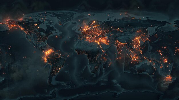 Zdjęcie globalna mapa zagrożeń cyberbezpieczeństwa świat w nocy z światłami