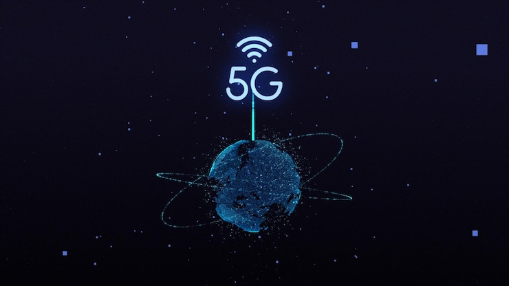 Zdjęcie globalna sieć i cyfrowa przyszłość 5g z świecącymi liniami promieniującymi na zewnątrz mocą i prędkością