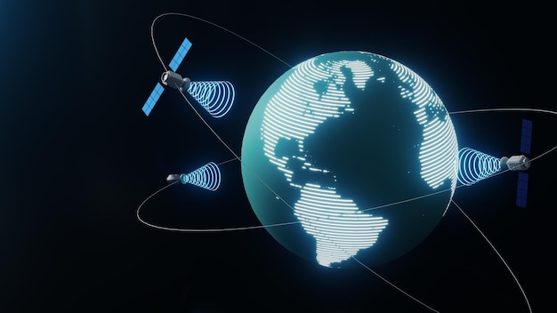 Globalna ziemia z koncepcją sztucznego satelity renderowania 3d