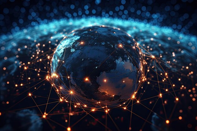 Globalne połączenie sieciowe na całym świecie Renderowanie 3D stonowany obraz Globalne połączenie sieciowe Futurystyczne tło technologii Renderowanie 3D Wygenerowano sztuczną inteligencję