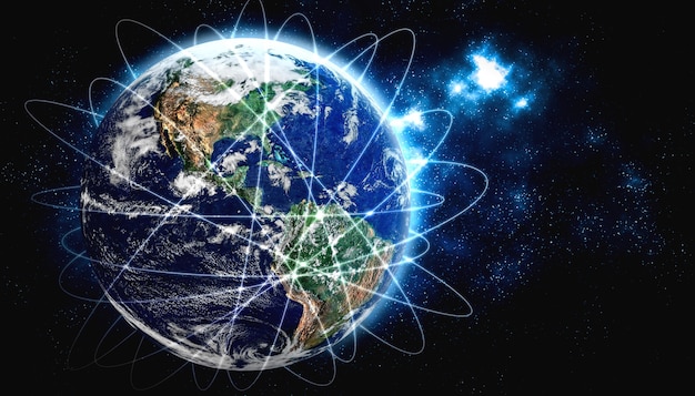 Globalne połączenie sieciowe pokrywające ziemię liniami innowacyjnego postrzegania